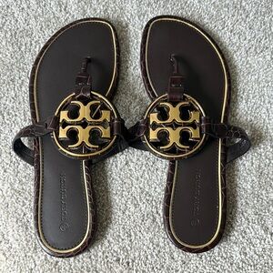Tory Burch Dark Brown Sandals with Gold Emblem